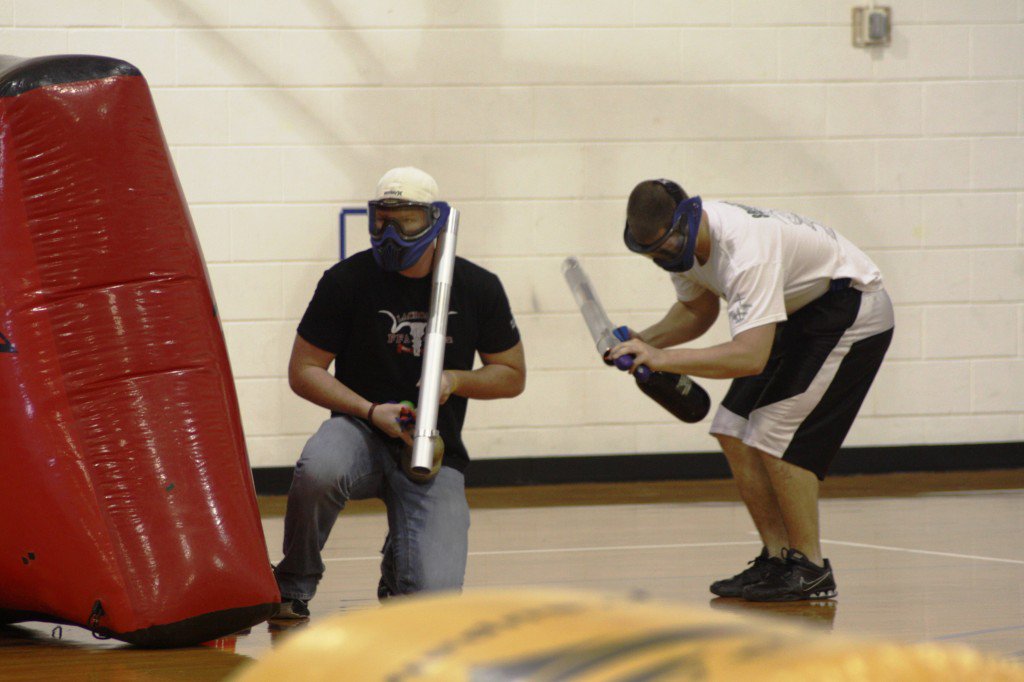 Students play Bongo Ball Mania in the Physical Education gym. [College Archives] 