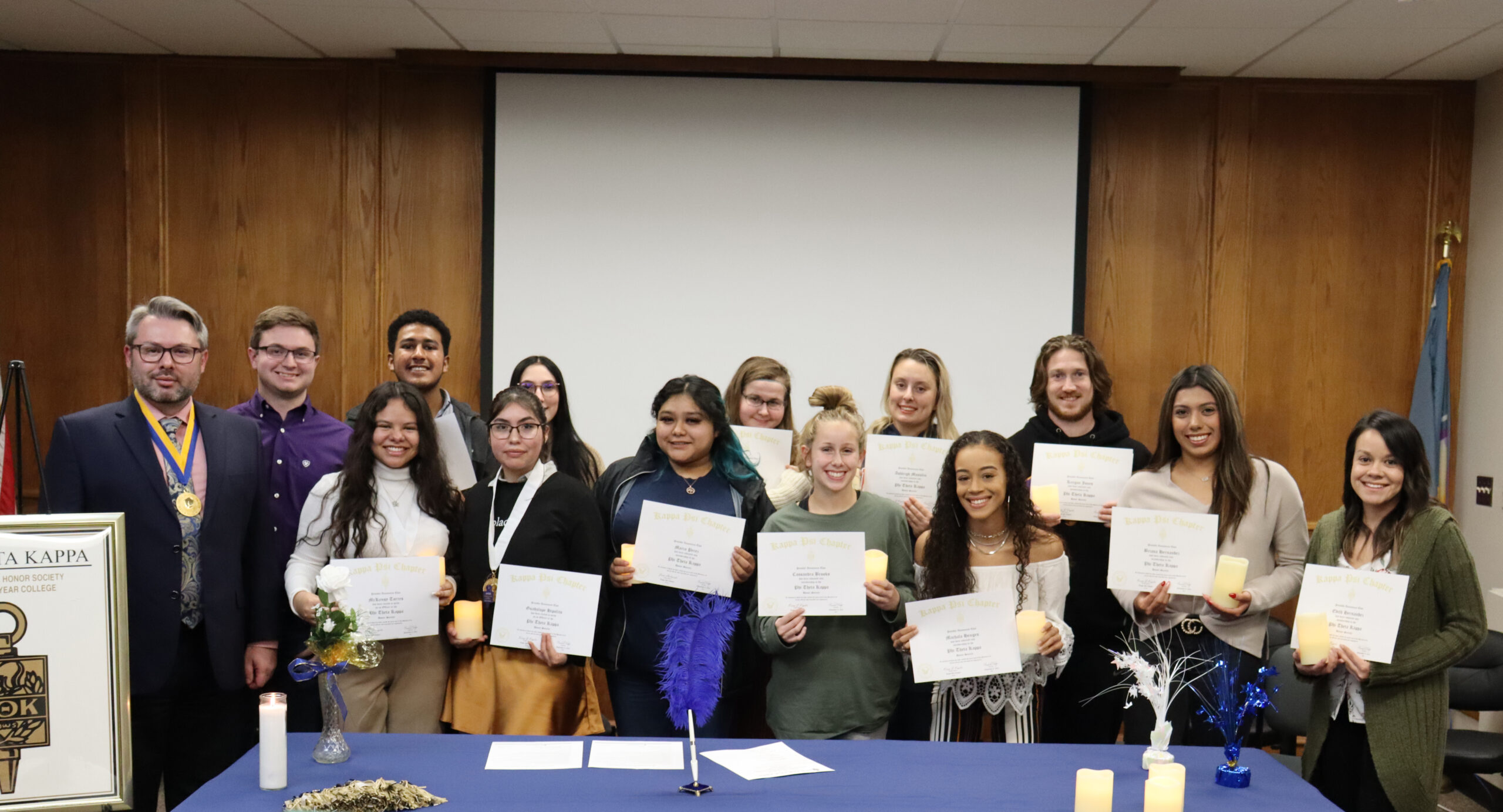 The DC3 Kappa Psi Chapter of Phi Theta Kappa Honor Society inducted new members on Tuesday, Nov. 9. Pictured (left to right, front row) are Kerry Kuplic, McKensy Torres, Guadalupe Hipolito, Maria Perez, Cassandra Brooks, Machala Hengen, Briana Hernandez, Edith Hernandez, (back row) Kaden Stapleton, Adrian Olivares Mejia, Brinn Peters, Morgan Wenzl, Ashleigh Musulin, and Keegan Jones. [Photo by Luke Fay]