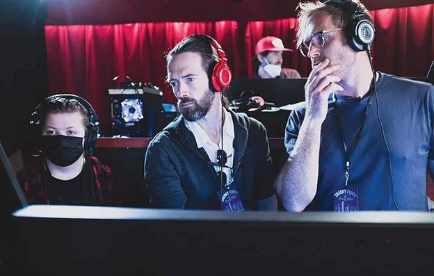 Skyler Childress (left), a 2018 DC3 graduate, was credited as a sound engineer on Snarky Puppy’s album “Empire Central,” which won Best Contemporary Instrumental Album at the 65th Annual Grammy Awards. Also pictured (left to right) are sound engineers Michael Harrison, Matt Recchia (back), and Nic Hard. 